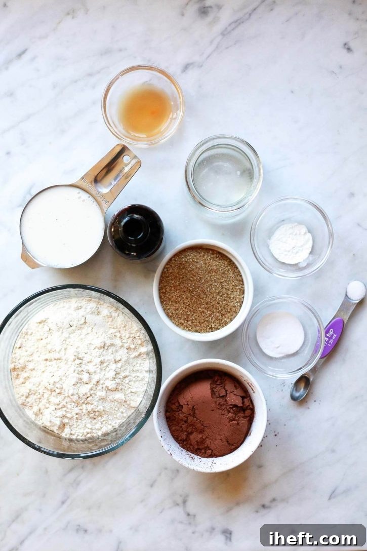 An array of fresh, high-quality ingredients for vegan chocolate cake neatly arranged on a pristine marble countertop, ready for preparation.