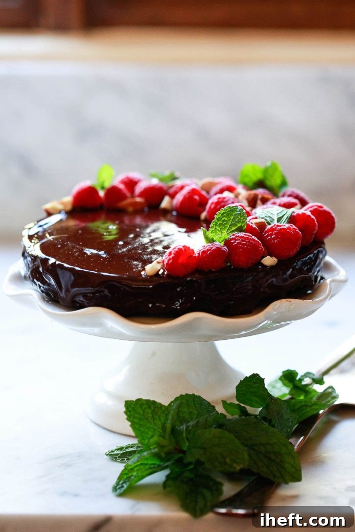 A stunning shot of the best vegan chocolate cake, lavishly coated with smooth chocolate ganache frosting, and adorned with fresh raspberries, mint, and chopped nuts.
