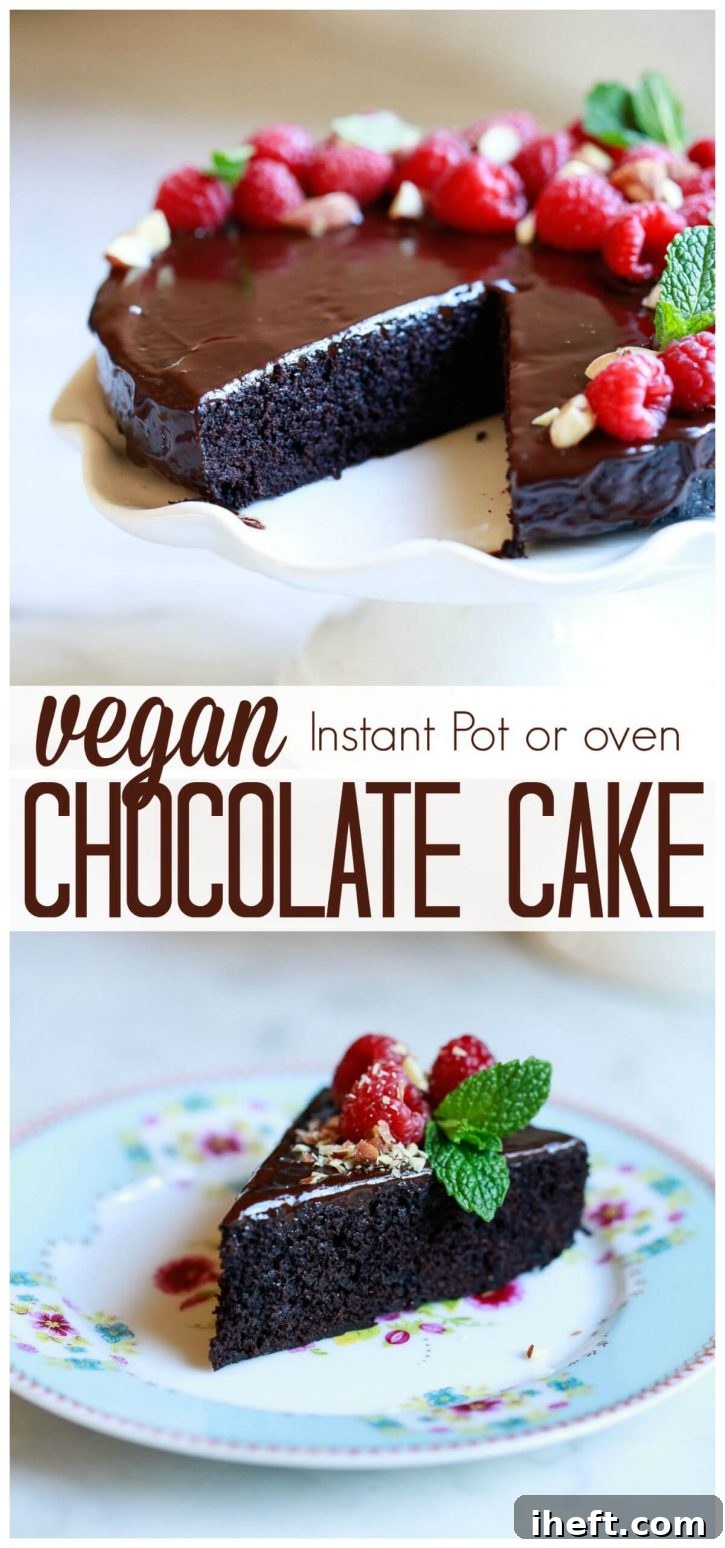 The best vegan chocolate cake, a Depression-era inspired crazy cake or wacky cake, beautifully frosted with chocolate ganache, egg-free and dairy-free, ready to be enjoyed after preparation in either an Instant Pot or oven.