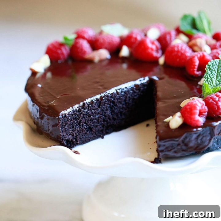 A stunningly presented vegan chocolate cake with rich ganache, fresh raspberries, and mint leaves, ready to be served.