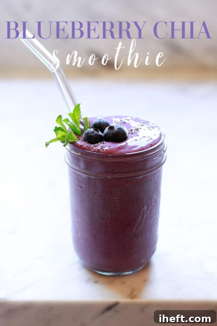 A vibrant blueberry banana chia seed smoothie with almond milk in a mason jar, garnished with fresh blueberries and a spoon, looking absolutely delicious and healthy.