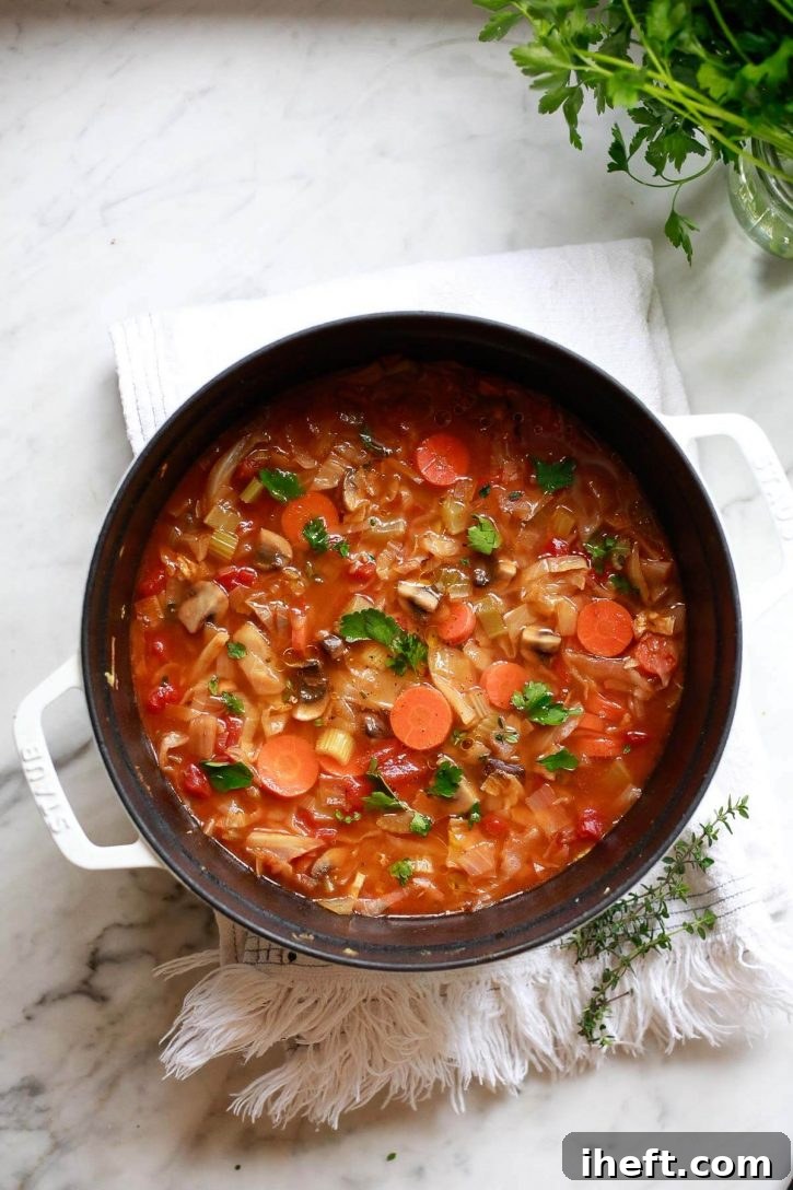 A pot of simmering cabbage soup, generously garnished with freshly chopped green herbs, ready to be served as a wholesome and invigorating meal.
