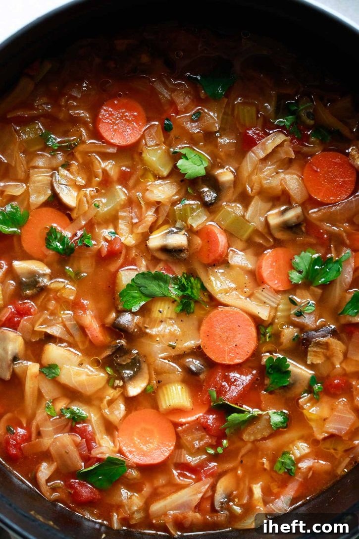 A close-up view of a vibrant bowl of detox cabbage soup, richly textured with carrots, celery, mushrooms, tomatoes, and tender cabbage, beautifully garnished with fresh parsley. A perfect healthy weight loss soup recipe.