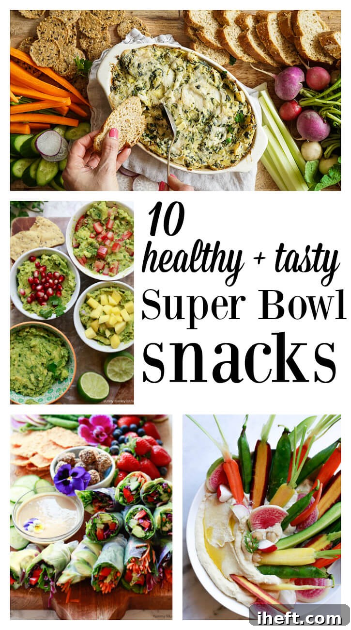 A vibrant collage of healthy Super Bowl snacks, including vegan spinach artichoke dip, creamy hummus, fresh spring rolls, and zesty guacamole, perfect for a guilt-free game day party.