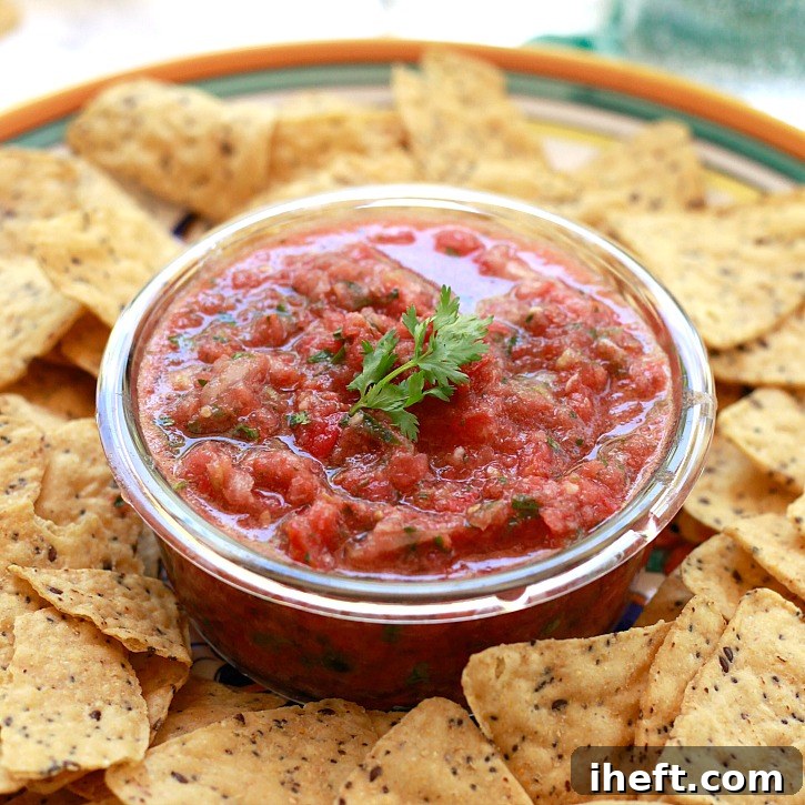Vibrant homemade salsa made with fresh garden tomatoes, cilantro, red onion, and lime, served in a glass bowl with a side of crunchy tortilla chips.