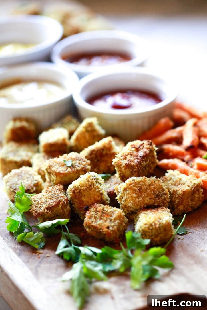 Crispy panko crusted baked tofu nuggets on a wooden platter with ketchup and sweet potato fries.