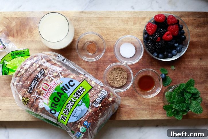 The ingredients for vegan, eggless, dairy free, healthy French toast on a kitchen counter include almond milk, flax meal, cinnamon, and bread. 