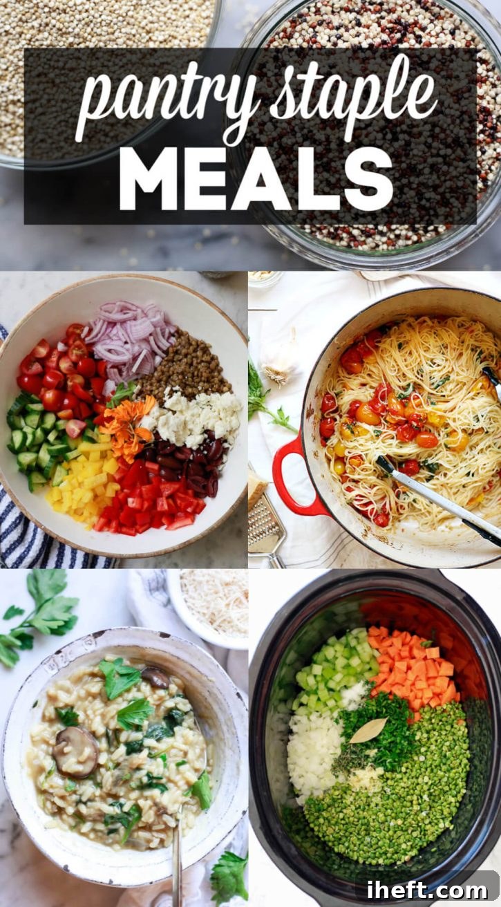 A vibrant collage of diverse plant-based, vegetarian, and vegan dishes, showcasing various pantry staples such as quinoa, rice, beans, and pasta. Each dish looks appealing and simple to prepare.