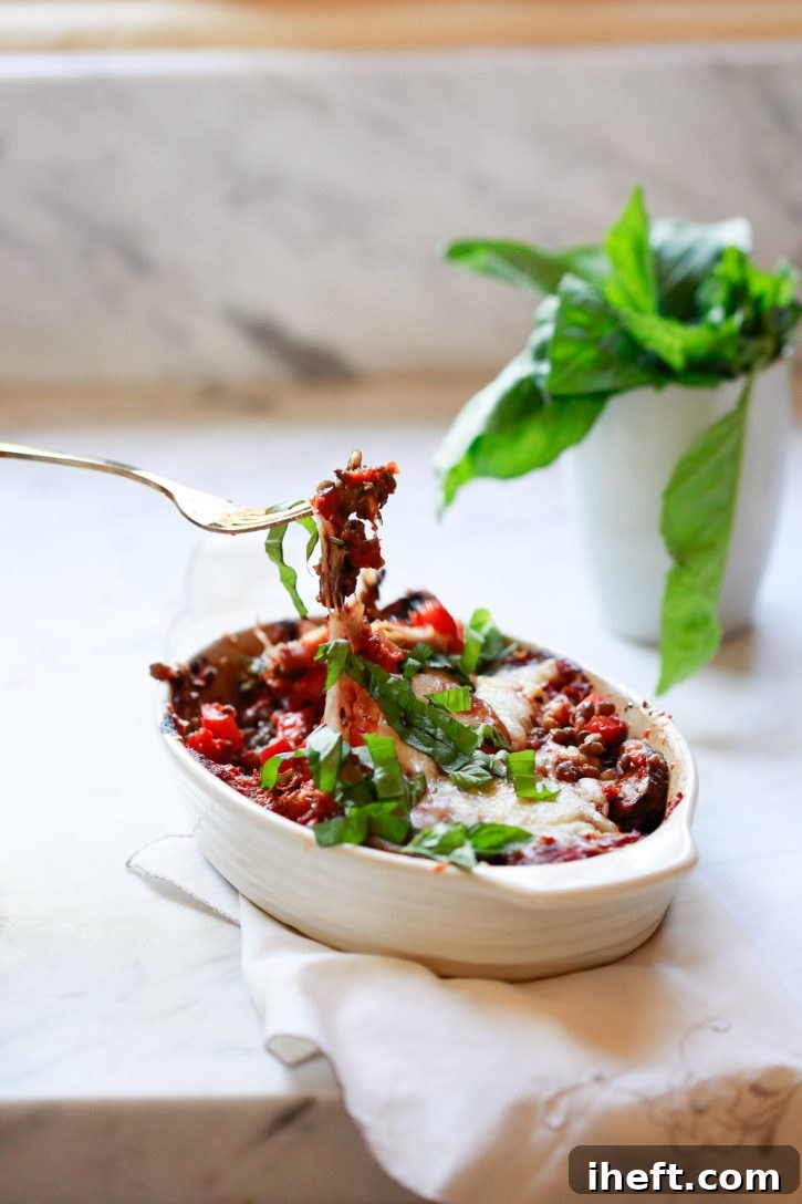 A fork lifts out a bite of a vegetarian Italian lentil casserole topped with melted cheese and fresh basil. A delicious and healthy vegetarian casserole with lentils, vegetables, pomodoro sauce, and cheese. 