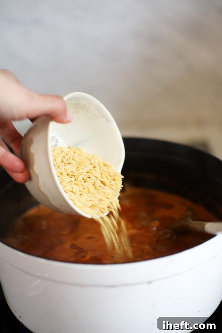 Small orzo pasta is poured into a simmer pot of Italian pasta e ceci soup. 