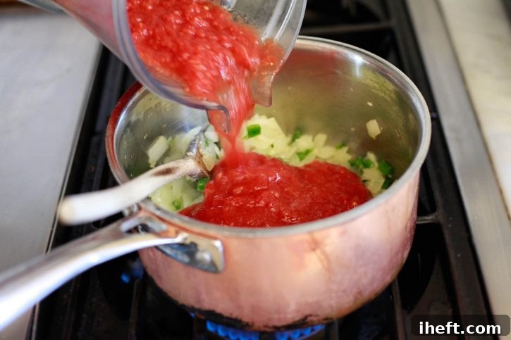 Pureed tomatoes are added to a saucepan with other salsa ingredients on the stove. 