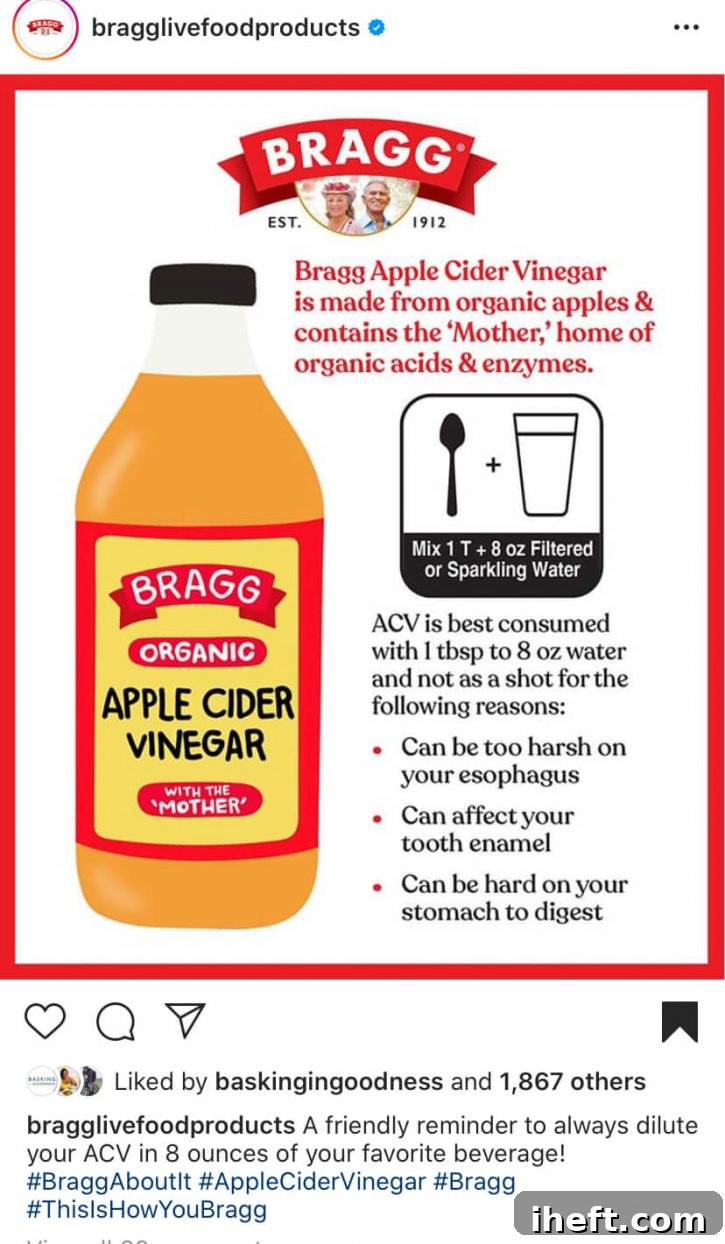 A clear, informative graphic from Bragg's provides crucial guidelines on safely consuming apple cider vinegar. It highlights the importance of dilution to protect dental enamel, the esophagus, and the stomach lining, ensuring a healthy and pleasant ACV experience.