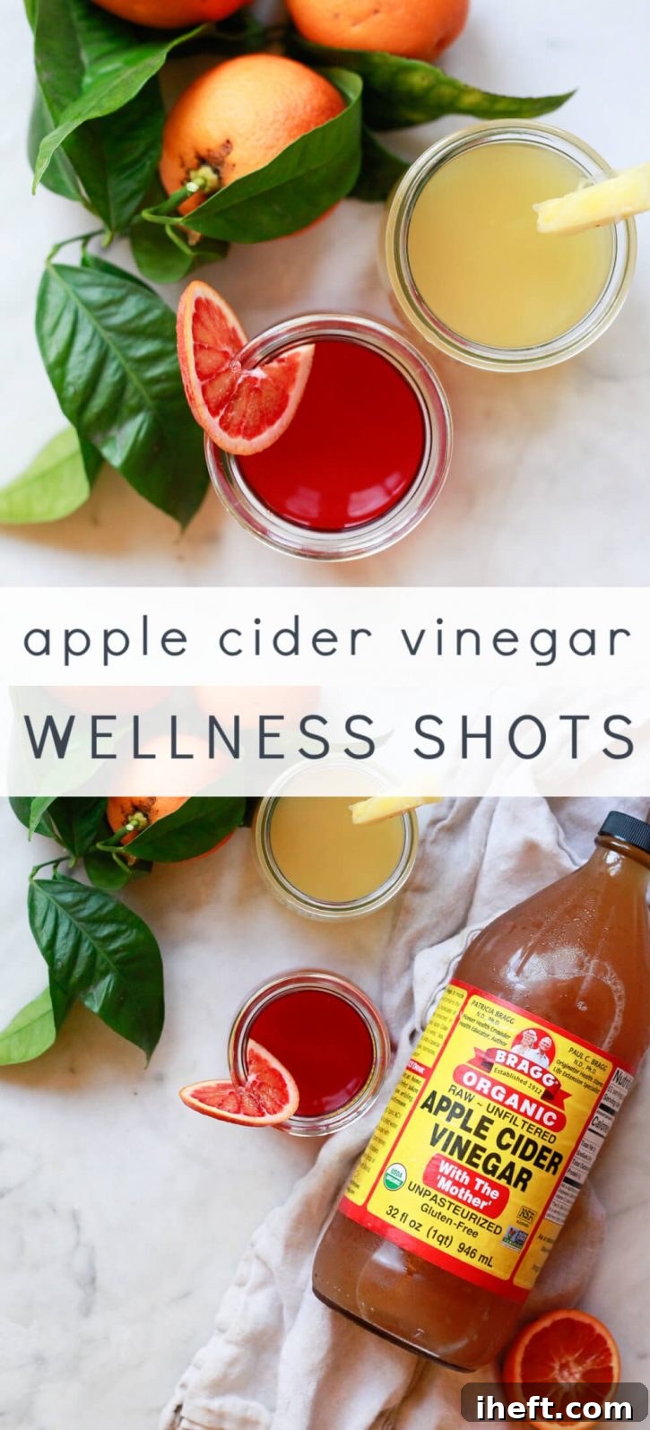A comprehensive visual guide featuring an apple cider vinegar shots recipe and its associated health benefits. The main image shows two beautifully prepared ACV shots in small Weck jars, emphasizing the ease and tastiness of these homemade drinks. The text highlights their natural immune support, detox, wellness, and weight loss properties, all made with Bragg's apple cider vinegar with the mother and fresh juice.