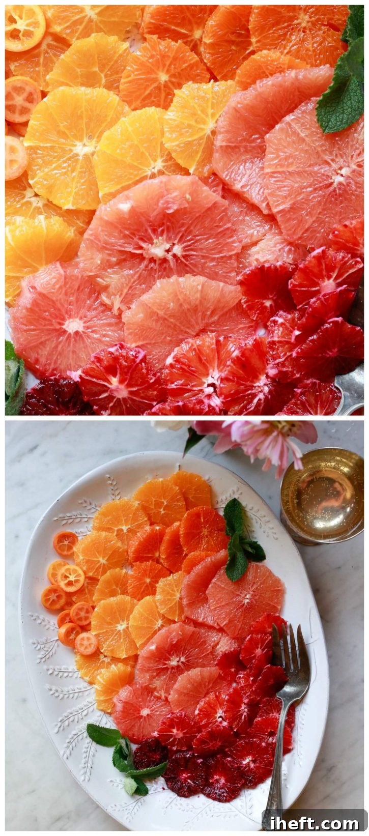 A vibrant citrus fruit salad recipe featuring artfully arranged orange, blood orange, grapefruit, and kumquat slices in an ombre pattern on an oval serving platter. This beautiful, easy, and healthy recipe is ideal for brunch or meal prep.