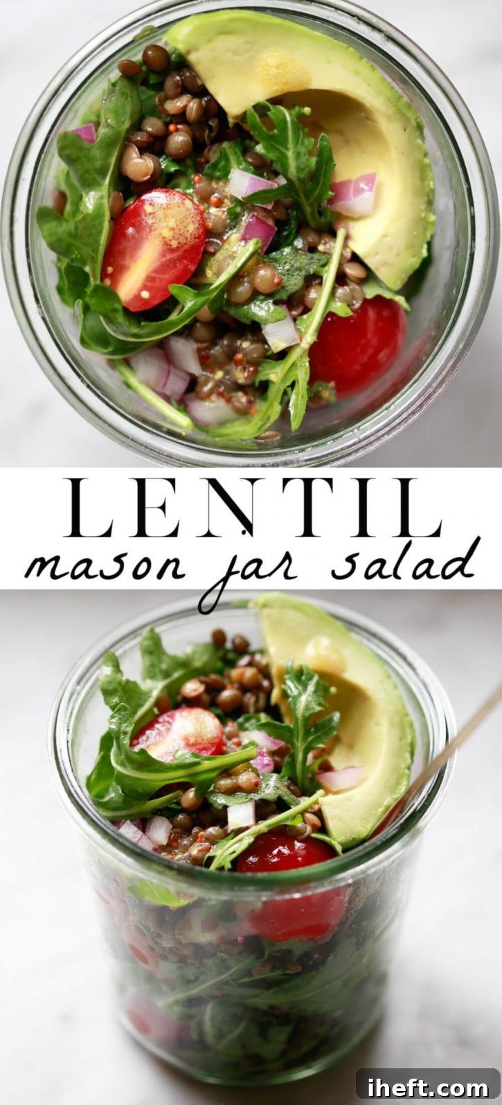 Close-up photography of a cold French lentil salad mixed with arugula, tomatoes, red onion, and a mustard vinaigrette. The Mason jar salad is ready to eat and topped with avocado. 