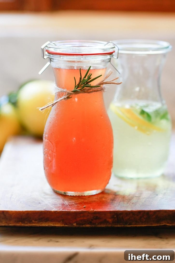 A Weck jar filled with a homemade peach shrub drink (drinking vinegar) on a countertop. This shrub is ready to use in cocktails and mocktails. 