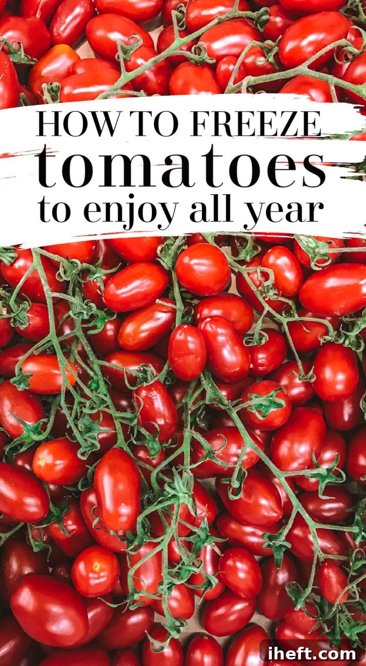 Beautiful small San Marzano tomatoes on vines, ready for harvesting. Learn the quick and easy way to freeze tomatoes for delicious spaghetti sauce and more, without blanching.
