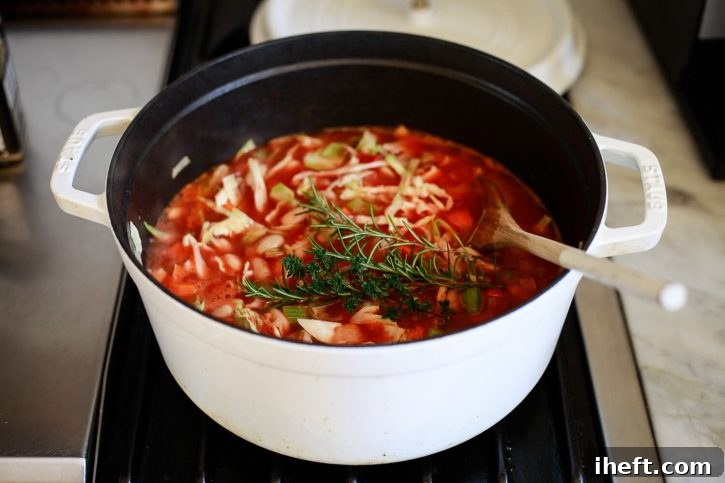 A pristine white Staub pot filled with a vibrant mixture of sautéed vegetables, creamy white beans, diced tomatoes, and fragrant herbs, brought to a gentle simmer for a delectable Ribollita.