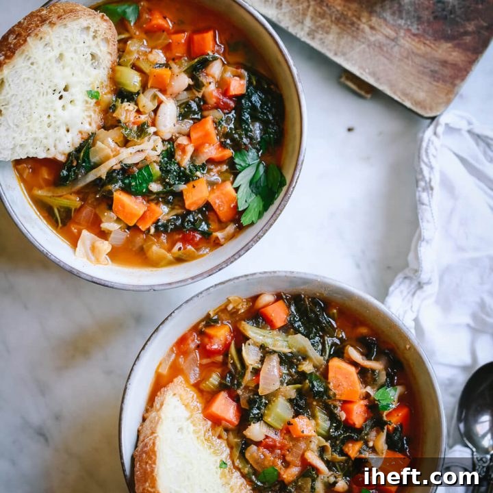 A beautifully presented bowl of Ribollita, a classic Tuscan bread and vegetable soup, garnished with fresh herbs and a drizzle of olive oil.