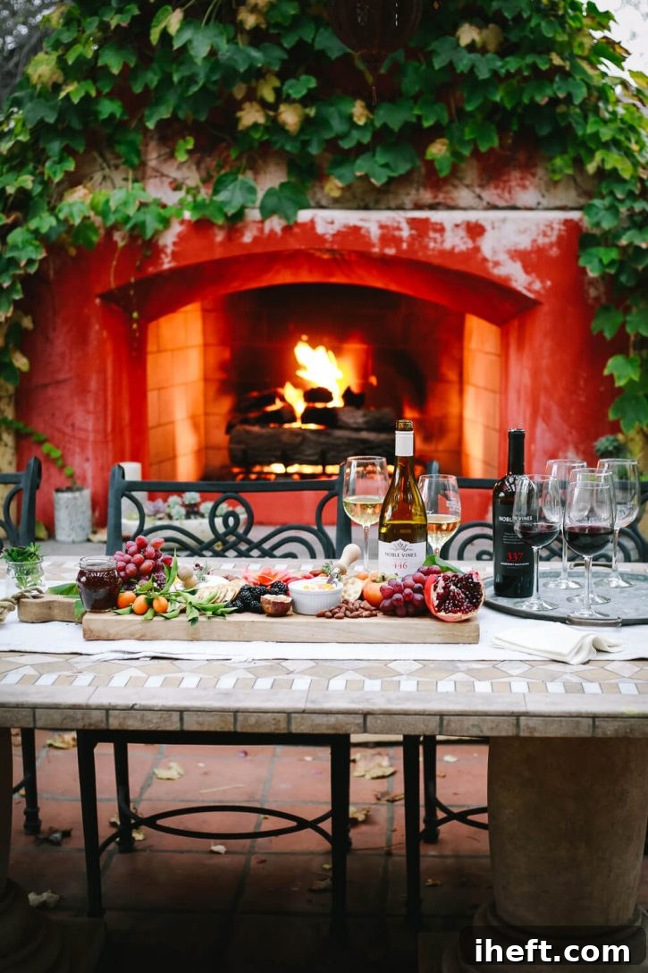 A beautifully arranged outdoor table featuring a gourmet charcuterie board, an assortment of Noble Vines wines, and elegant wine glasses, set against a cozy fireplace backdrop, illustrating the ideal setup for a home wine tasting party.