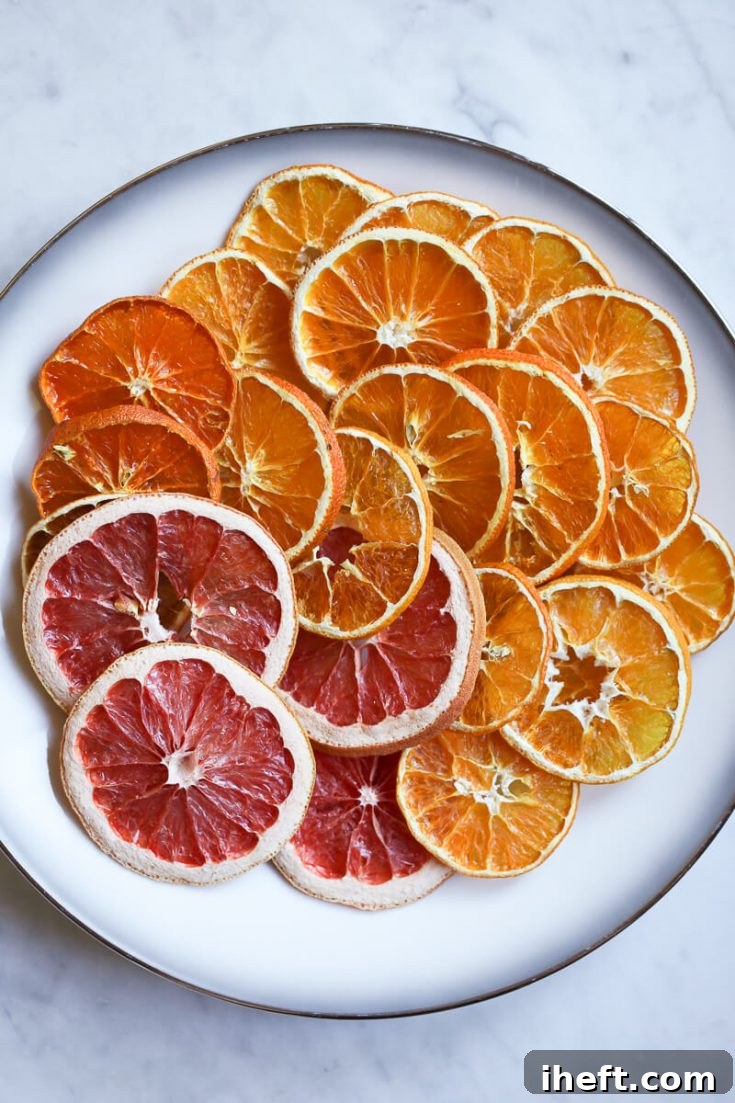 Dried orange slices for garlands, holiday decor, cocktail garnishes, or orange chips to snack on.