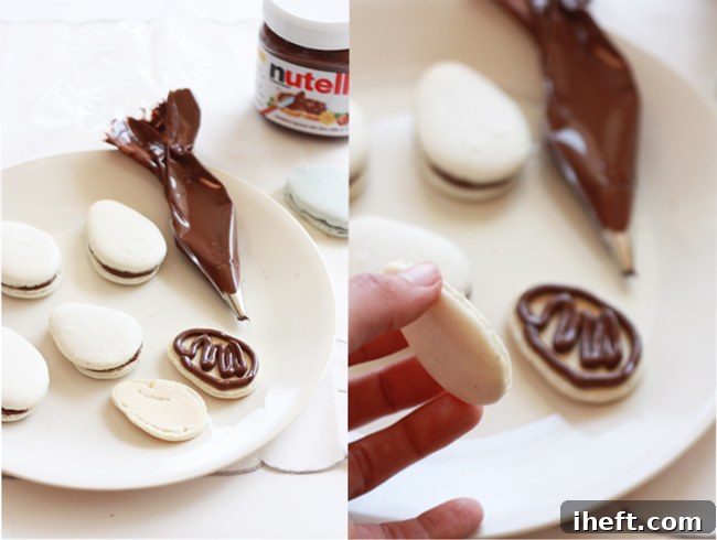 Close-up of a French macaron shell, ready for Nutella filling.