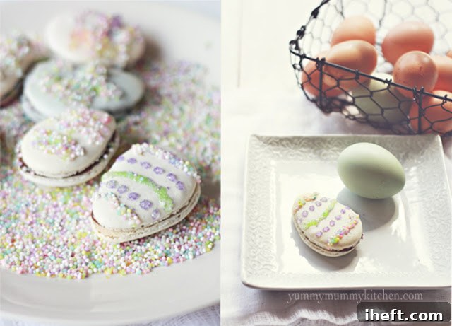 Various decorated Easter Egg French Macarons displayed beautifully.