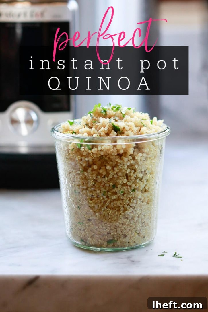 A beautiful glass jar filled with perfectly fluffy cooked quinoa, garnished with fresh vibrant herbs, stands proudly in front of an Instant Pot pressure cooker. The scene exudes freshness and healthy eating.