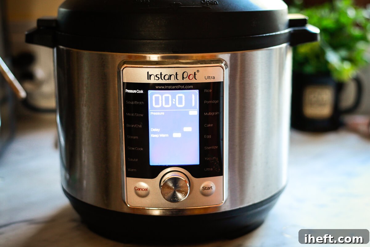 Instant Pot screen displaying cooking settings for quinoa.
