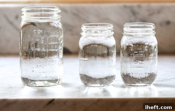 Two pint sized mason jars sit next to a larger quart sized mason jar to show that there are 2 pints in a quart. 