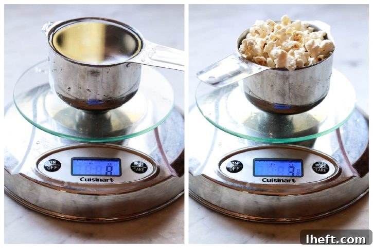 Two side-by-side images comparing the weight of a cup of water versus a cup of popcorn on a kitchen scale. The water measures 8 oz, while the popcorn measures only 3 oz, illustrating the variability of dry ounces in a cup.
