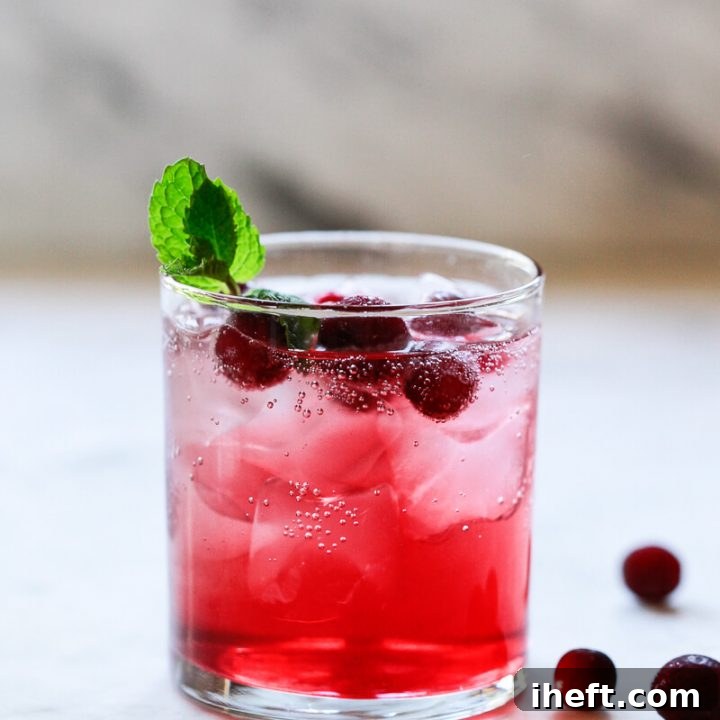 A vibrant red cranberry detox water drink in a clear glass with ice and fresh cranberries garnishing the rim.