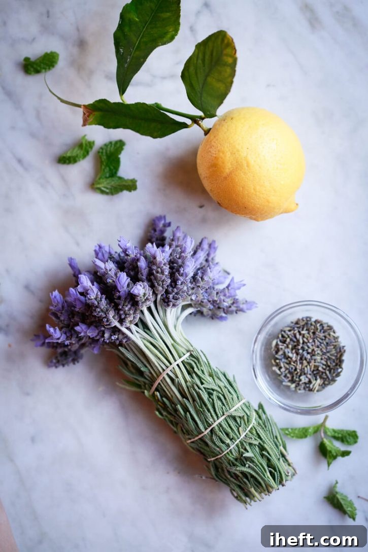 A rustic countertop arrangement features a vibrant bunch of organic fresh culinary lavender, a bright yellow lemon, and a small, charming bowl filled with dried culinary lavender, ready for brewing.