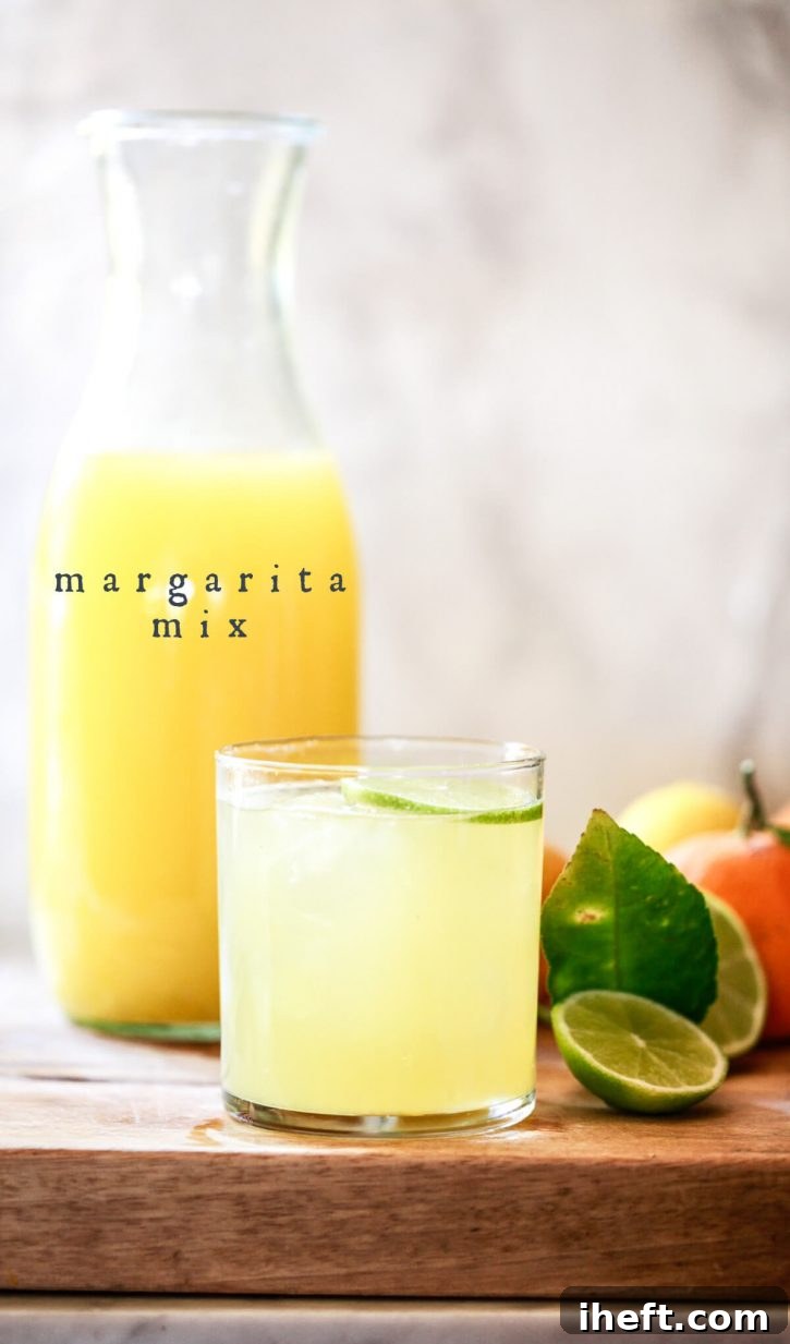 A perfectly crafted fresh margarita, garnished with a vibrant lime wedge, sits in the foreground, ready to be enjoyed. In the soft-focus background, a elegant carafe brimming with homemade margarita mix promises more delightful sips.