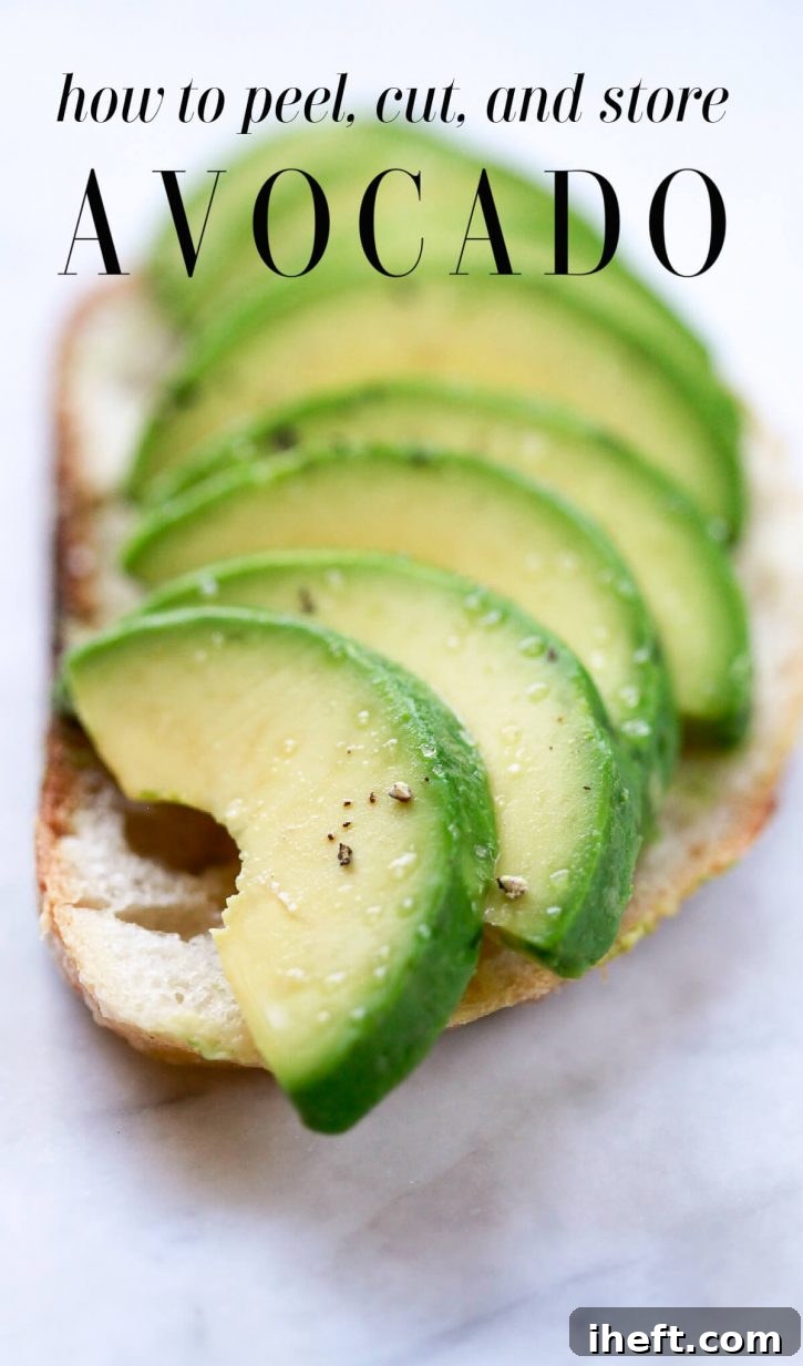 A close up photo of toast with perfectly sliced avocado on top. Text overlay reads, "how to peel, cut, and store avocado"
