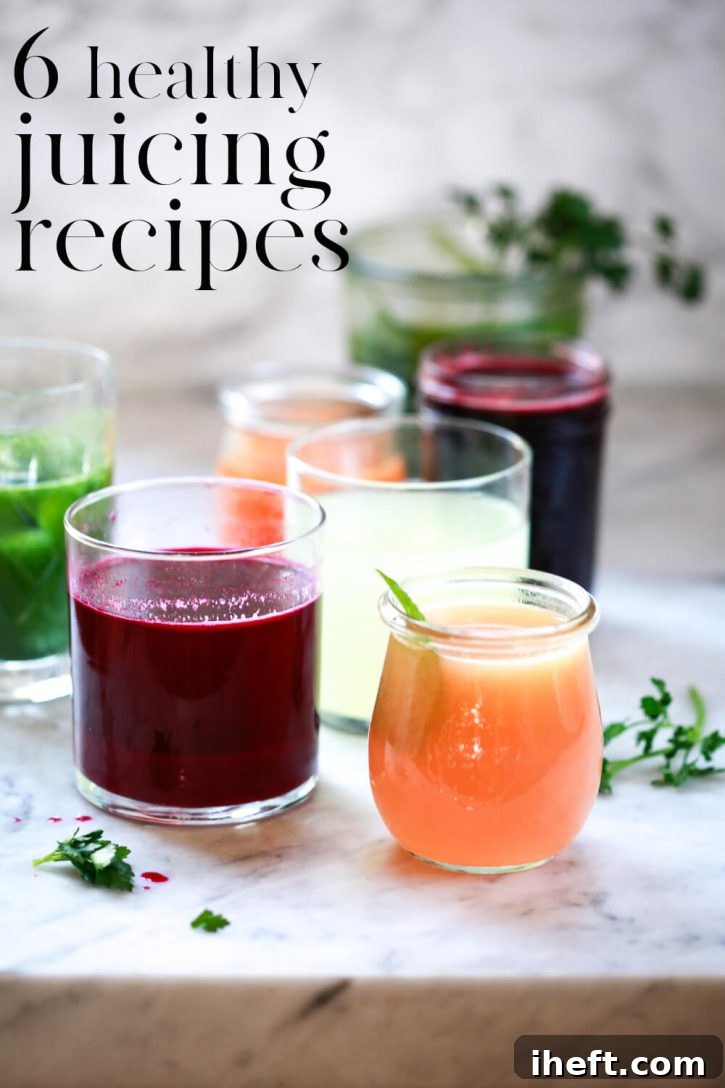 A beautiful photography of 6 glasses filled with colorful juices on a white countertop. Text overlay reads, "6 healthy juicing recipes." 
