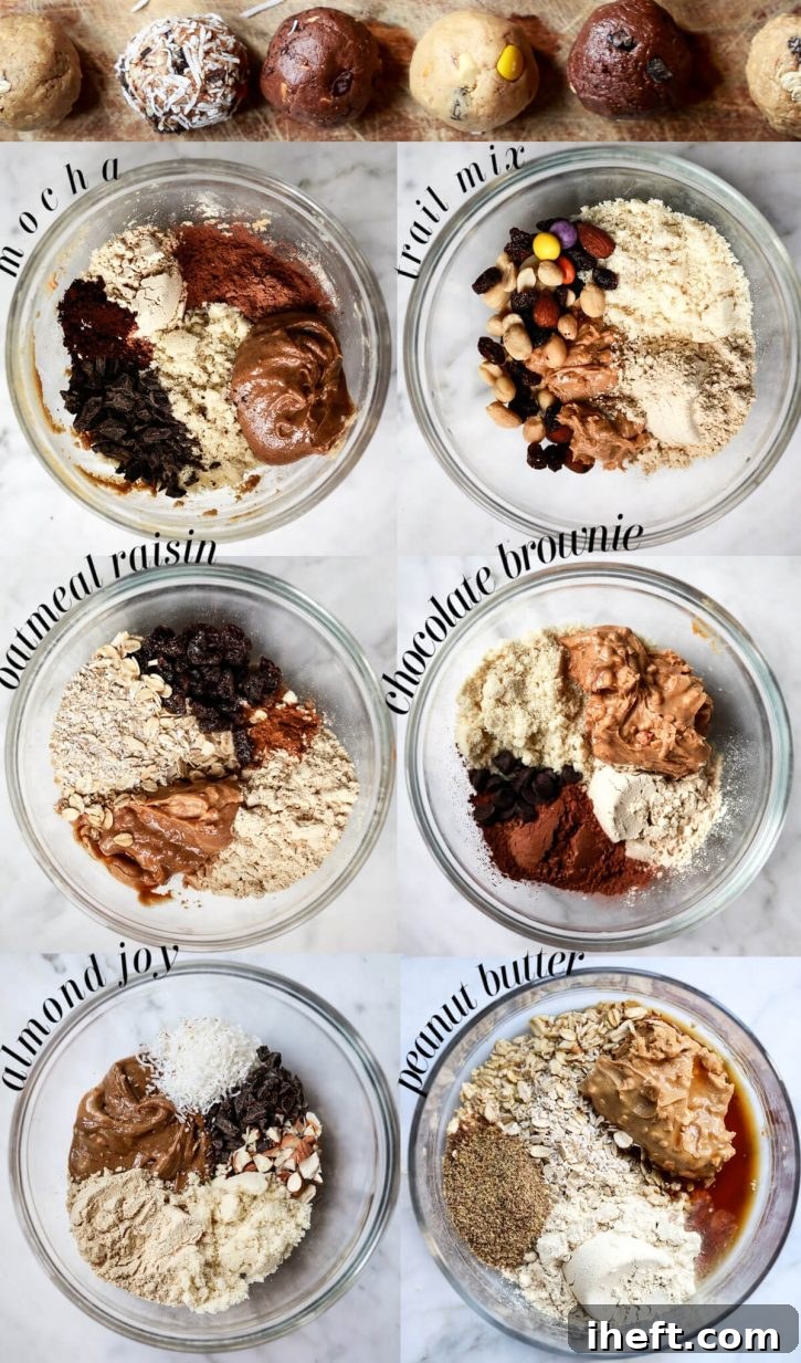 Six distinct bowls of protein ball ingredients, each labeled with a specific flavor profile: mocha, trail mix, oatmeal raisin, chocolate brownie, almond joy, and peanut butter. A batch of perfectly formed, finished power balls is elegantly displayed at the top, tempting the viewer to explore the diverse flavors.