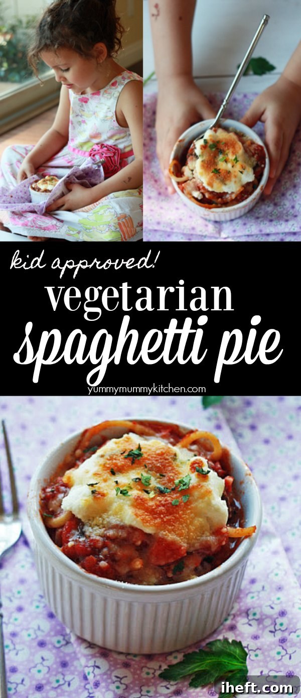 Vegetarian spaghetti pie with ricotta and golden brown cheese is an easy kid friendly dinner idea.