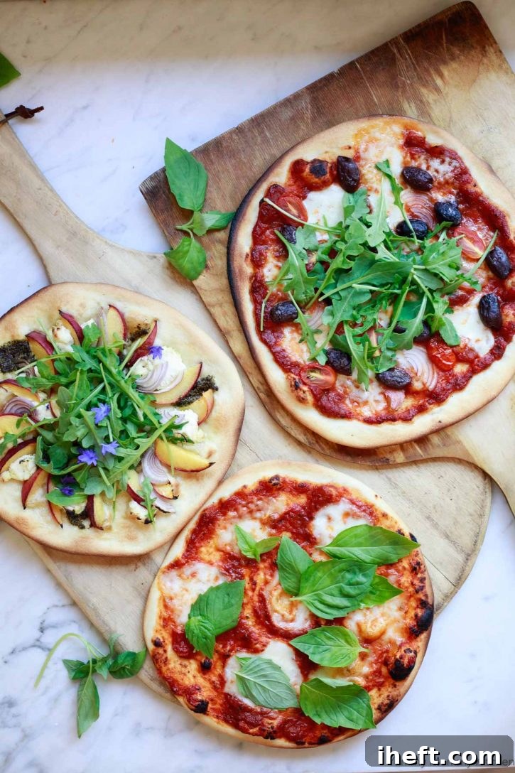 Three appetizing homemade vegan pizzas displayed on a kitchen counter, each with different toppings, showcasing the versatility and deliciousness of plant-based pizza.