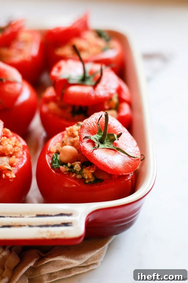 Beautifully baked tomatoes generously filled with a wholesome chickpea and quinoa mixture, arranged in a casserole dish, creating a healthy and vibrant vegan and gluten-free dinner.