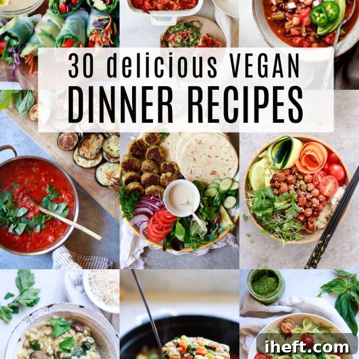 A collage of photos of various vegan dinner recipes and meal ideas, featuring colorful and healthy dishes.