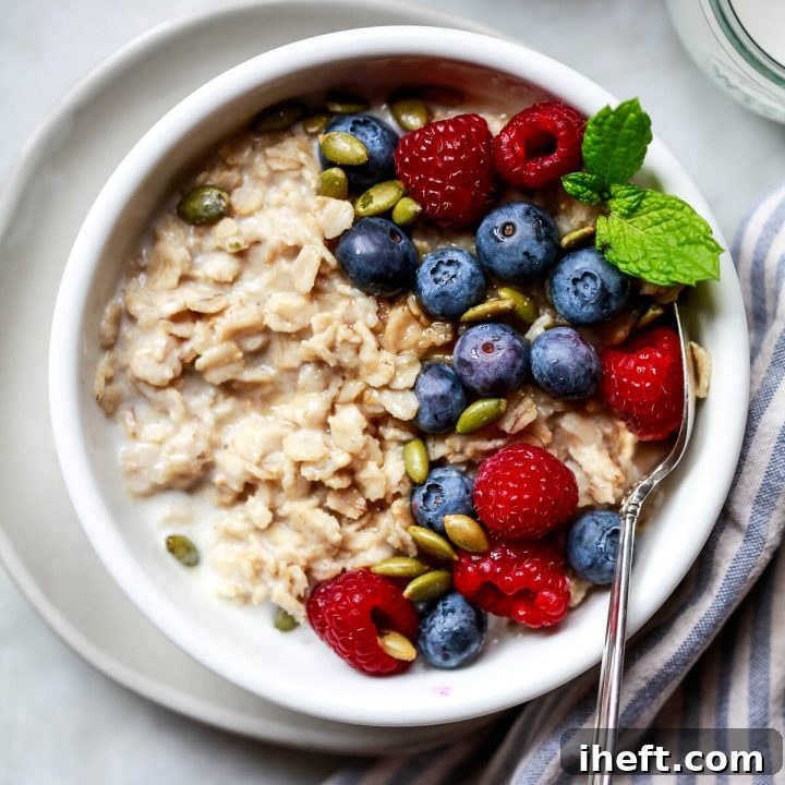 A simple yet inviting photograph showcasing the finished high-protein oatmeal, ready to be served and enjoyed, highlighting its comforting and nourishing appeal.