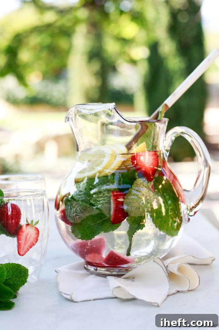 A beautiful glass pitcher filled with water, lemon slices, strawberries and mint. This is a great way to help detox from sugar and stay hydrated. 