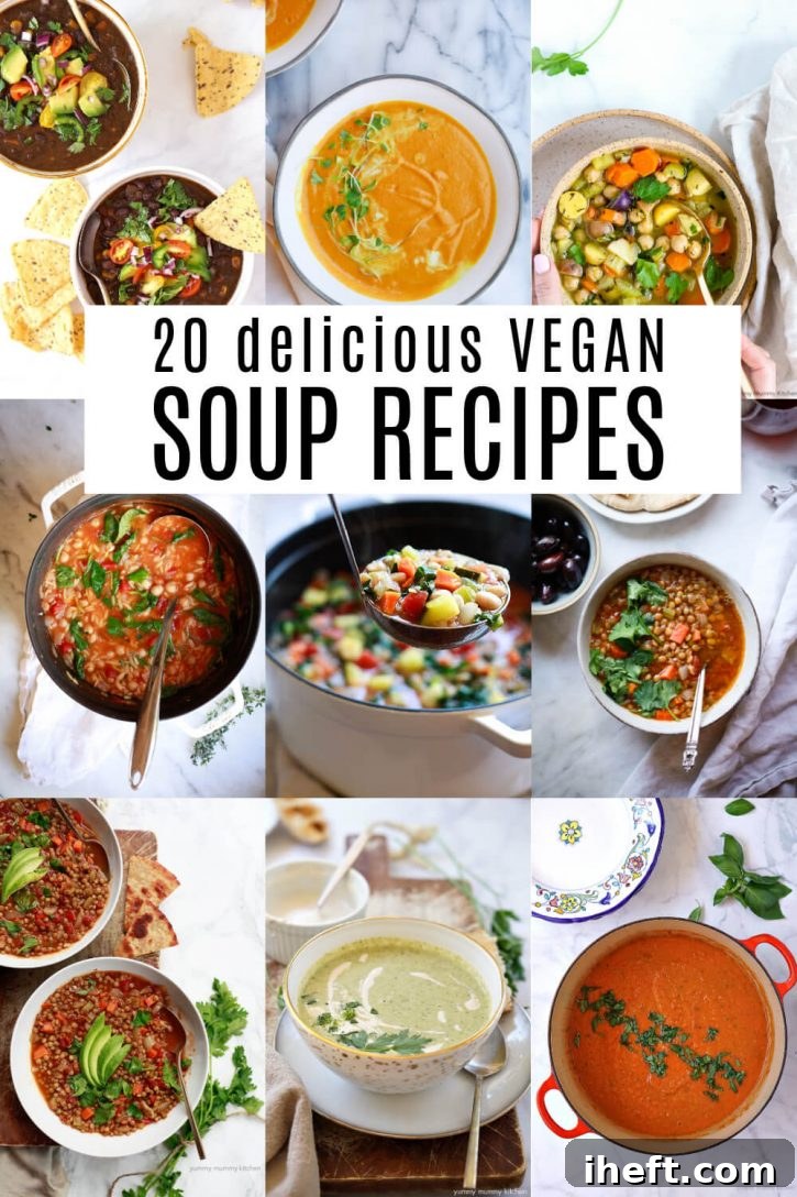A vibrant collage showcasing a variety of nine delicious vegan soup recipes, highlighting the diversity and appeal of plant-based culinary delights.