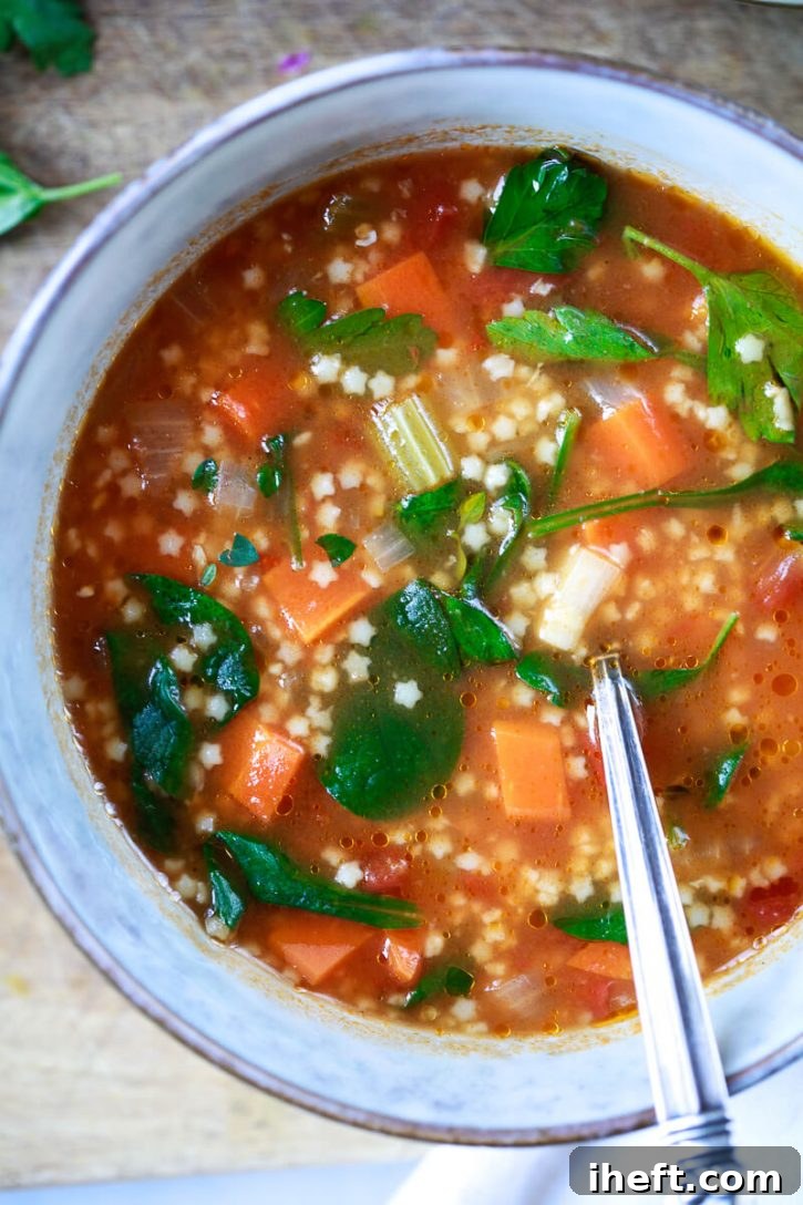 A close-up view of a comforting bowl of vegetable soup featuring tiny pastina star pasta, a perfect and gentle meal for children.