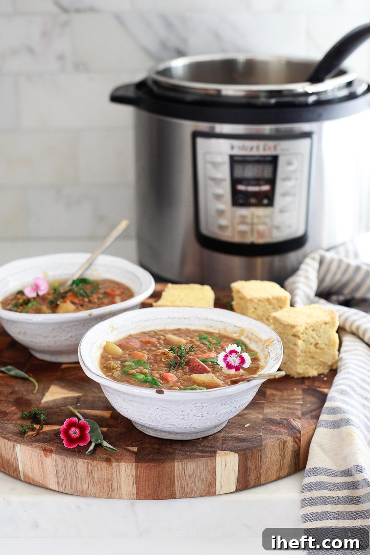 Two comforting bowls of vegan Instant Pot Lentil Soup, artfully placed in front of an Instant Pot pressure cooker, signifying quick and easy preparation.