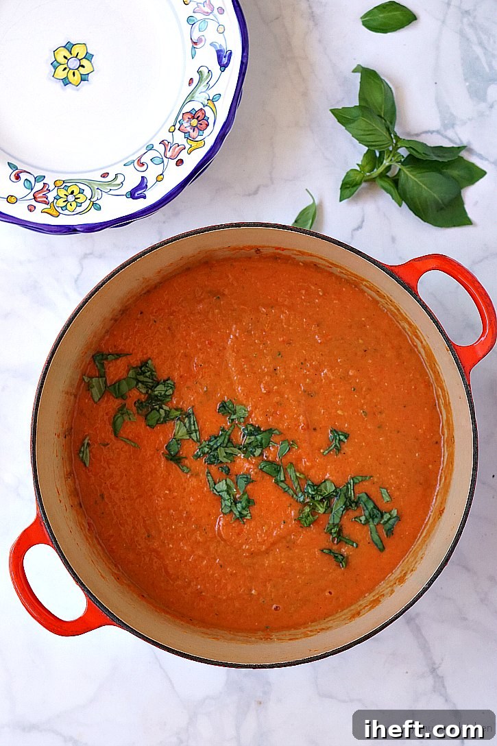 A rustic Le Creuset pot brimming with creamy tomato soup, lovingly topped with fresh basil leaves, ready to be served.