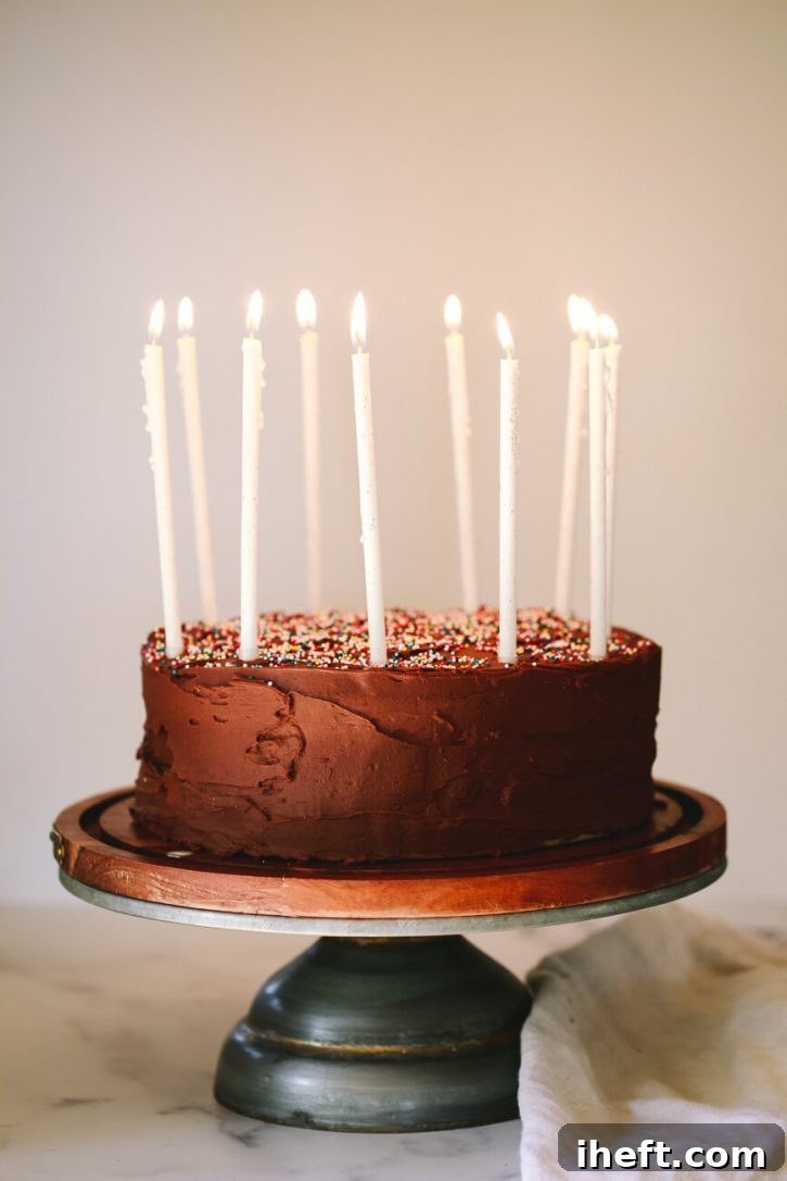 A vibrant vegan birthday cake, generously coated in luscious vegan chocolate frosting and adorned with elegant white candles, ready for celebration. 