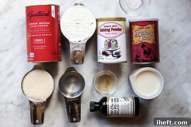 The ingredients for dairy-free, eggless, cupcakes on a countertop: Dutch process cocoa powder, flour, baking powder, baking soda, salt, sugar, coconut oil, vinegar, milk, and vanilla. 
