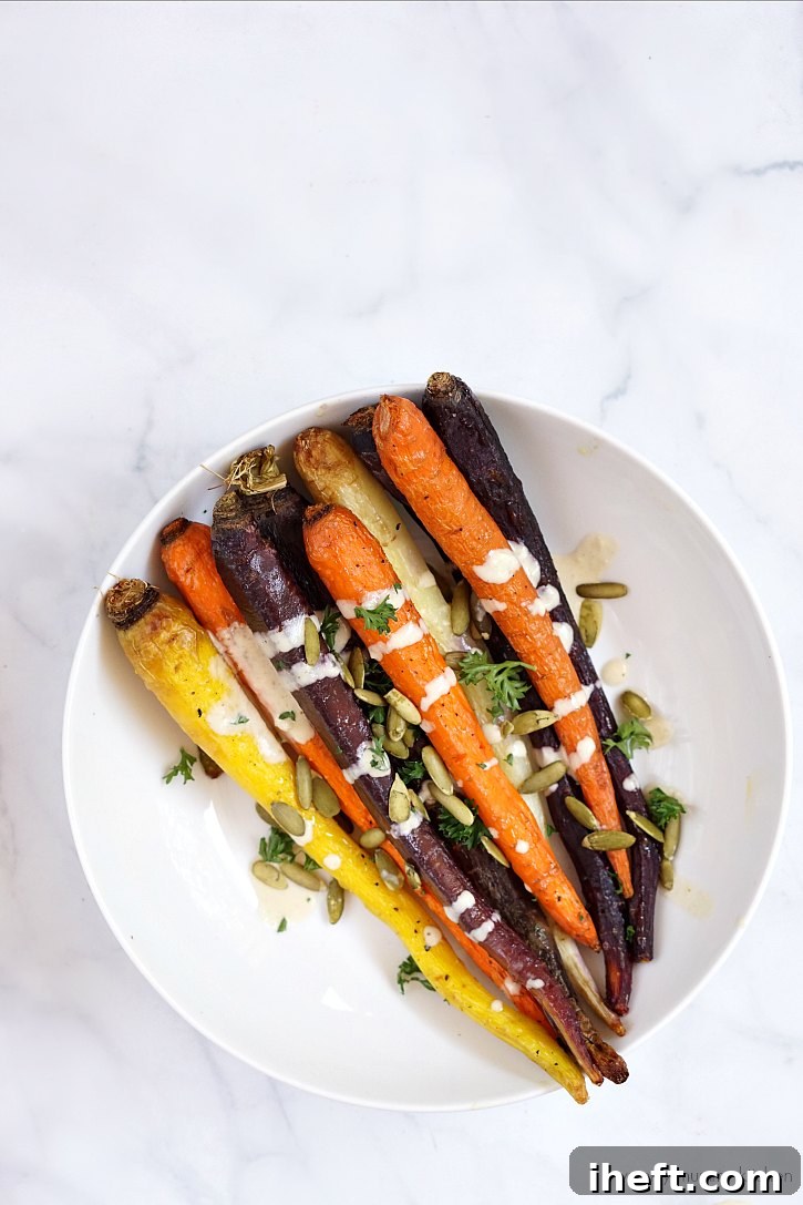This tahini sauce is delicious drizzled over roasted vegetables like rainbow carrots.